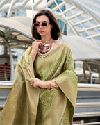 Olive green Buttery Silk Saree in Kanjivaram Pattern Weaving
