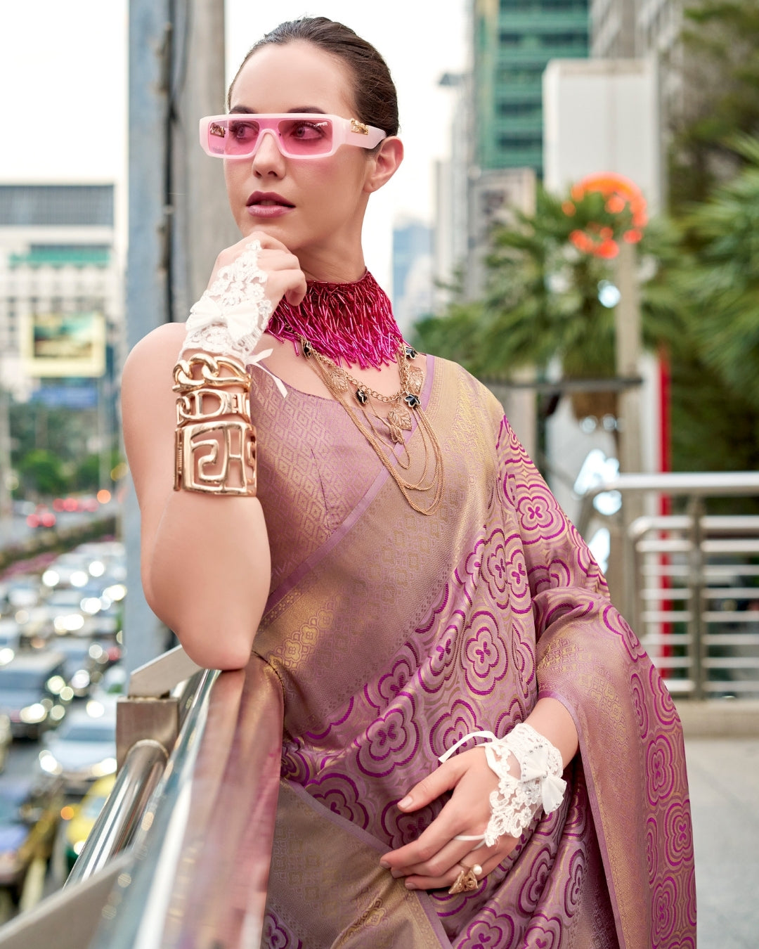 Purple Buttery Silk Saree in Kanjivaram Pattern Weaving