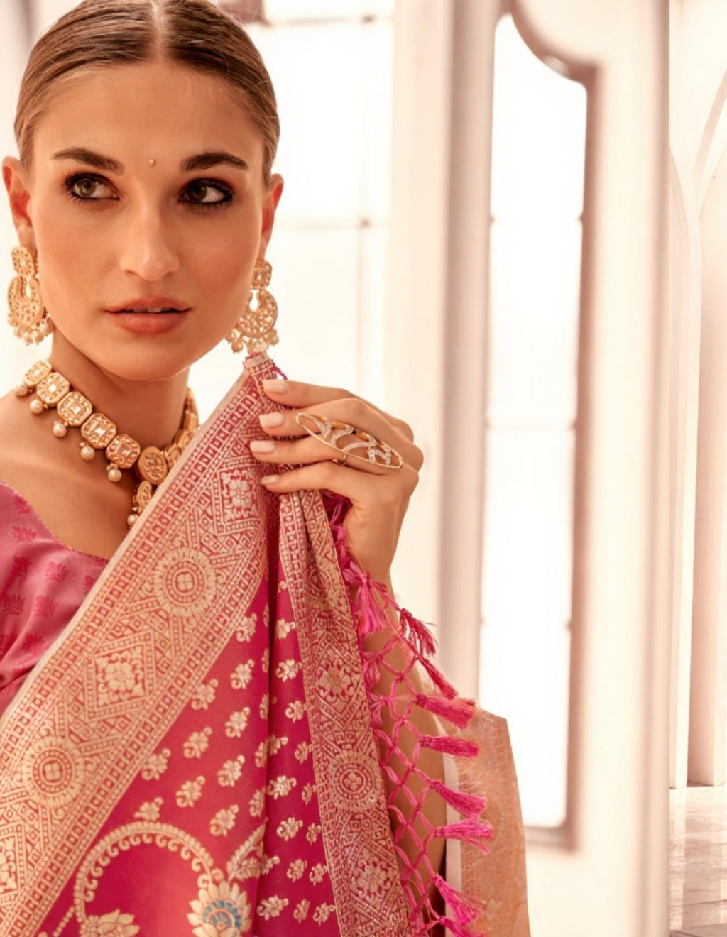 Off-White Soft Silk Saree with Pink Border and  Pallu