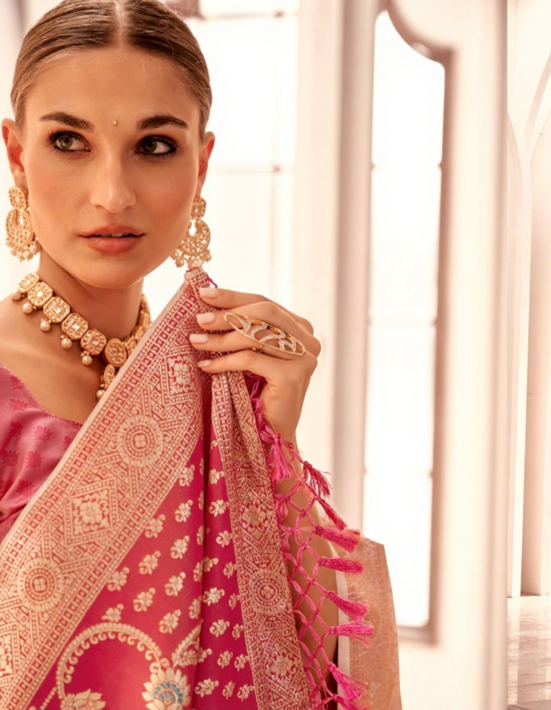 Off-White Soft Silk Saree with Pink Border and  Pallu