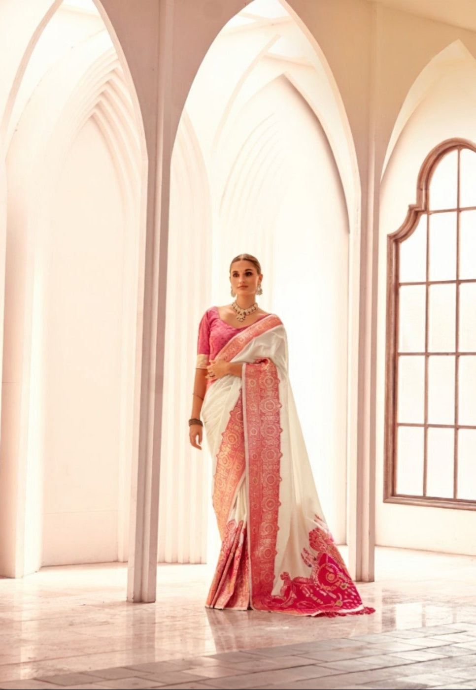 Off-White Soft Silk Saree with Pink Border and  Pallu