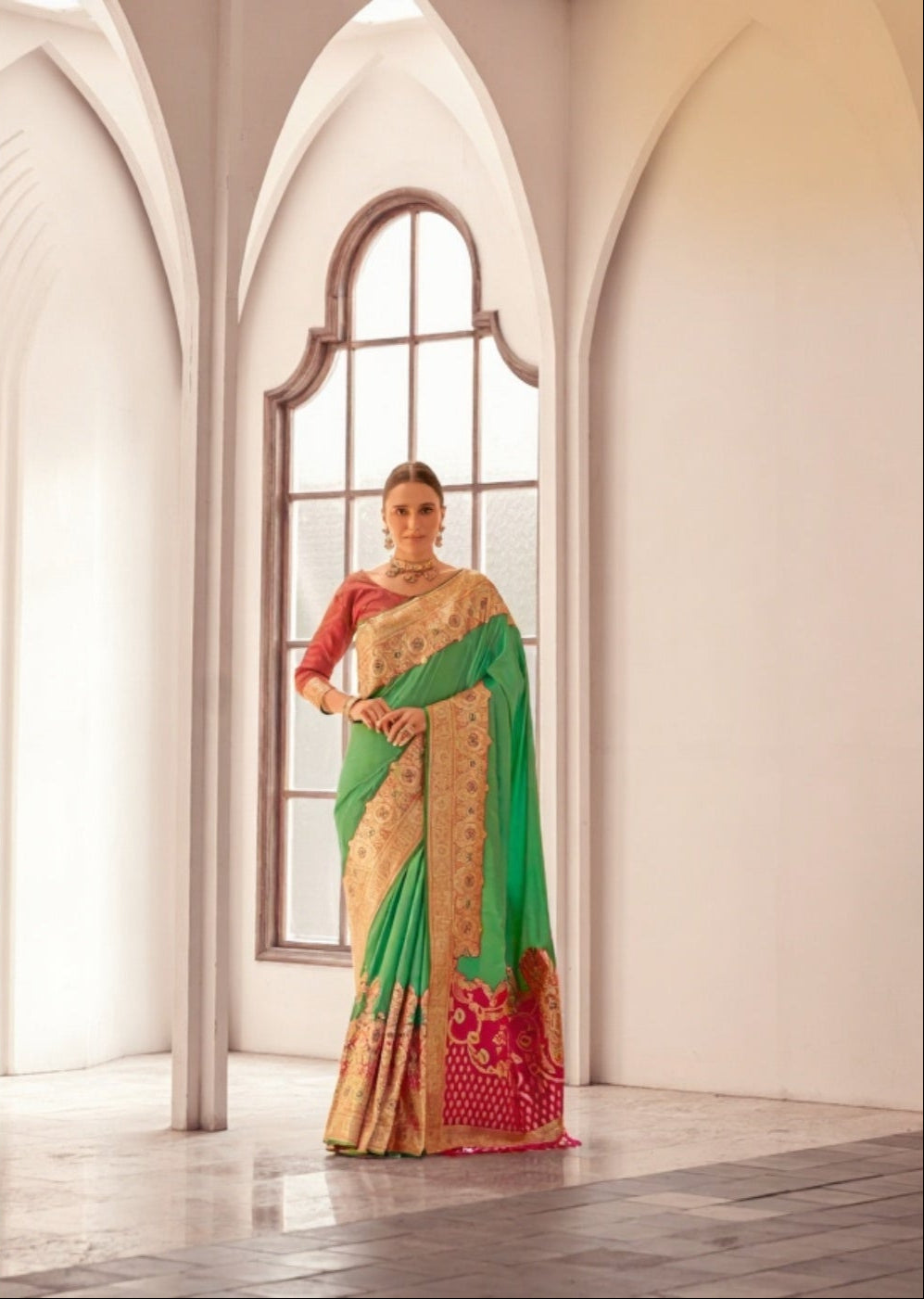 Green Soft Silk Saree with Pink Border & Pallu