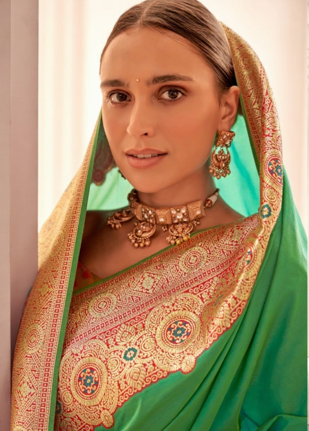 Green Soft Silk Saree with Pink Border & Pallu