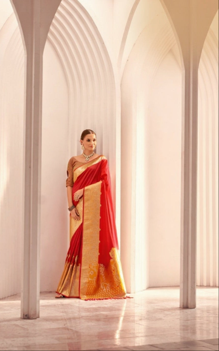 Red Soft Silk Saree with Yellow Border & Pallu