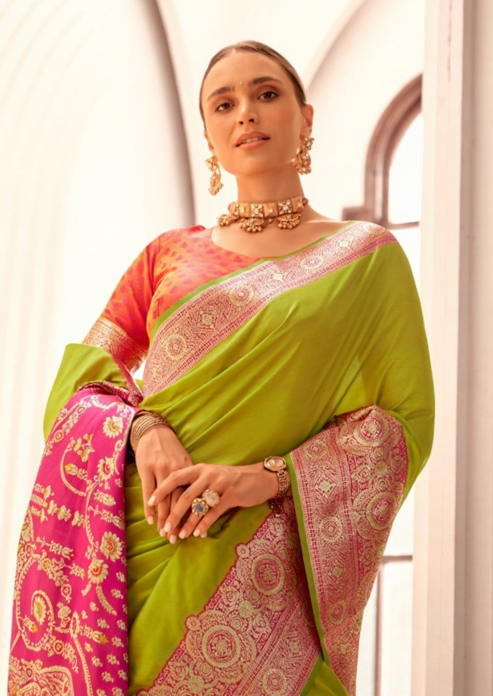 Neon Green Soft Silk Saree with Pink Border & Pallu