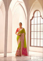 Neon Green Soft Silk Saree with Pink Border & Pallu