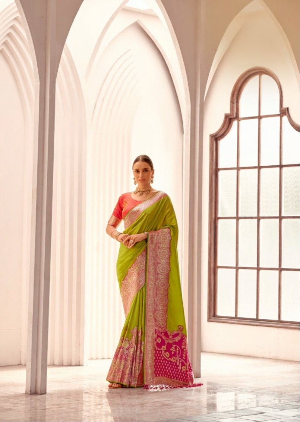 Neon Green Soft Silk Saree with Pink Border & Pallu