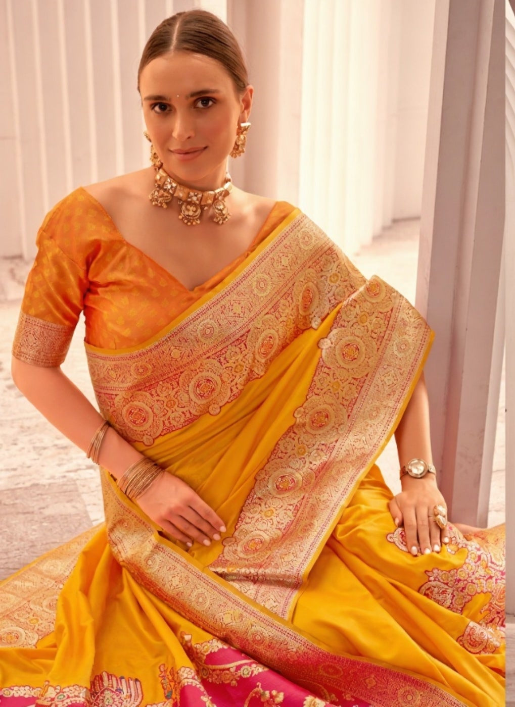 Yellow Soft Silk Saree with Pink Border &amp; Pallu