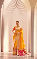 Yellow Soft Silk Saree with Pink Border &amp; Pallu