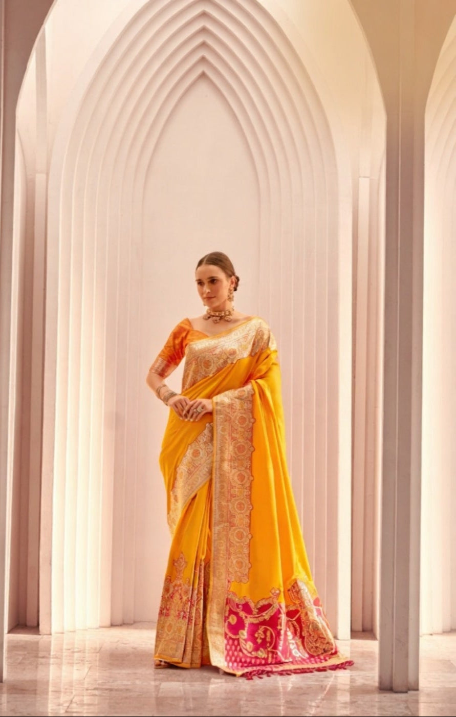 Yellow Soft Silk Saree with Pink Border &amp; Pallu