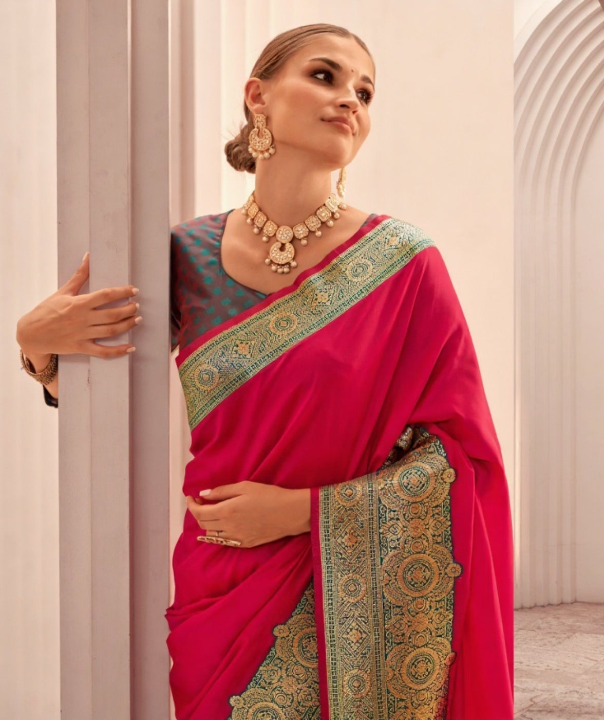 Pinkish Red Soft Silk Saree with Green Border & Pallu