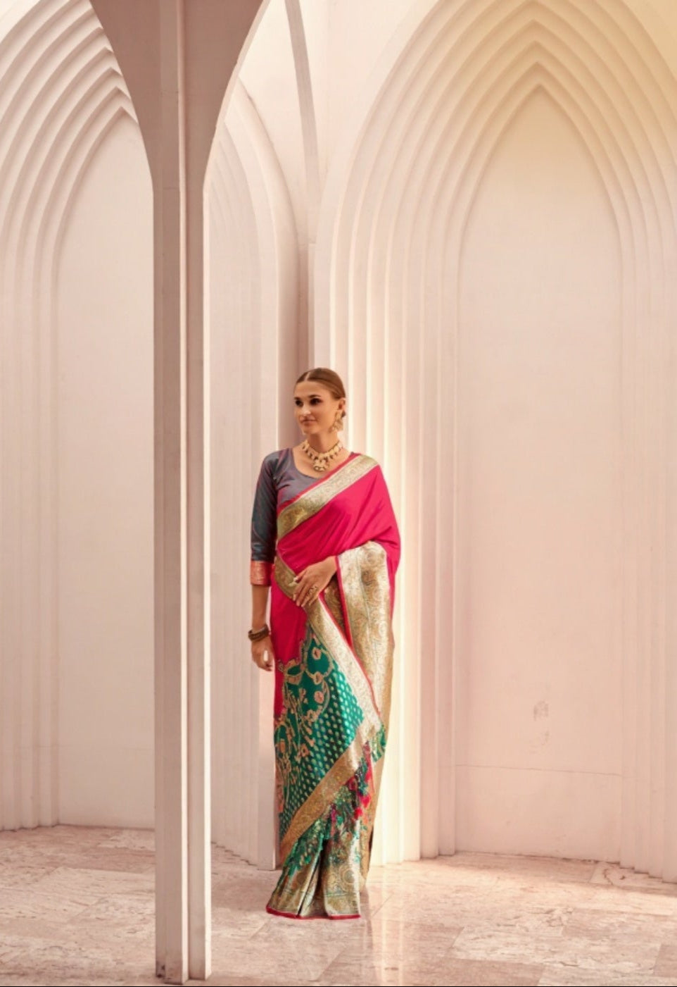 Pinkish Red Soft Silk Saree with Green Border & Pallu