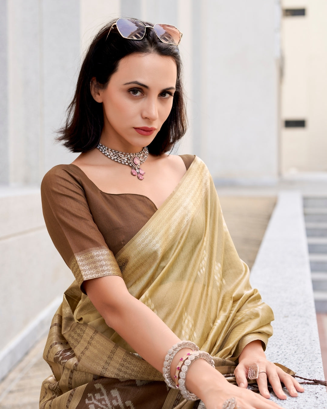 Beige Rayon Silk  Ikkat saree
