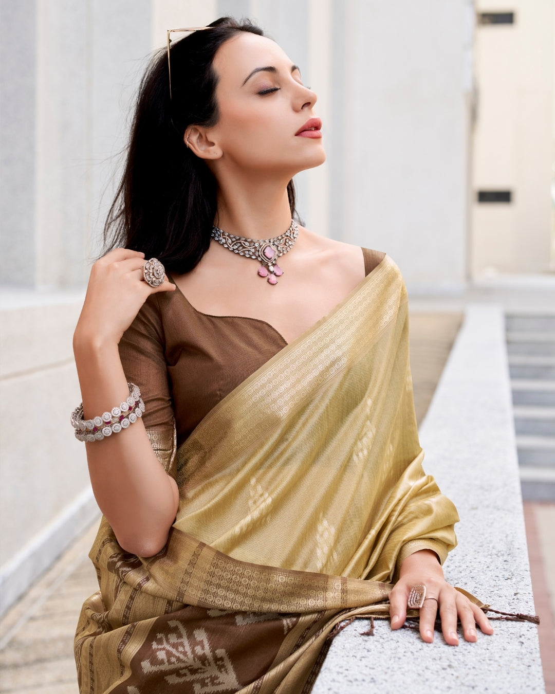 Beige Rayon Silk  Ikkat saree