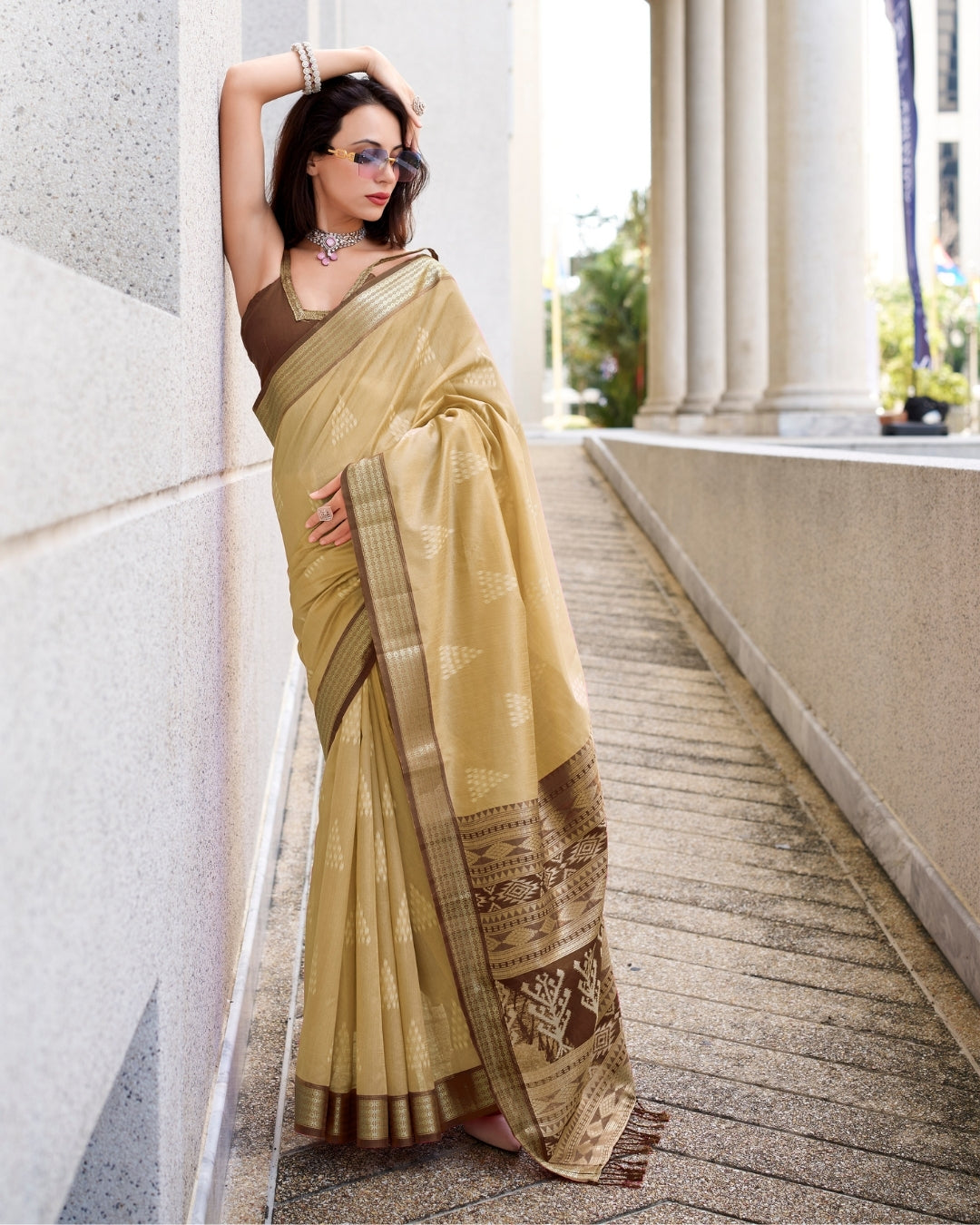 Beige Rayon Silk  Ikkat saree