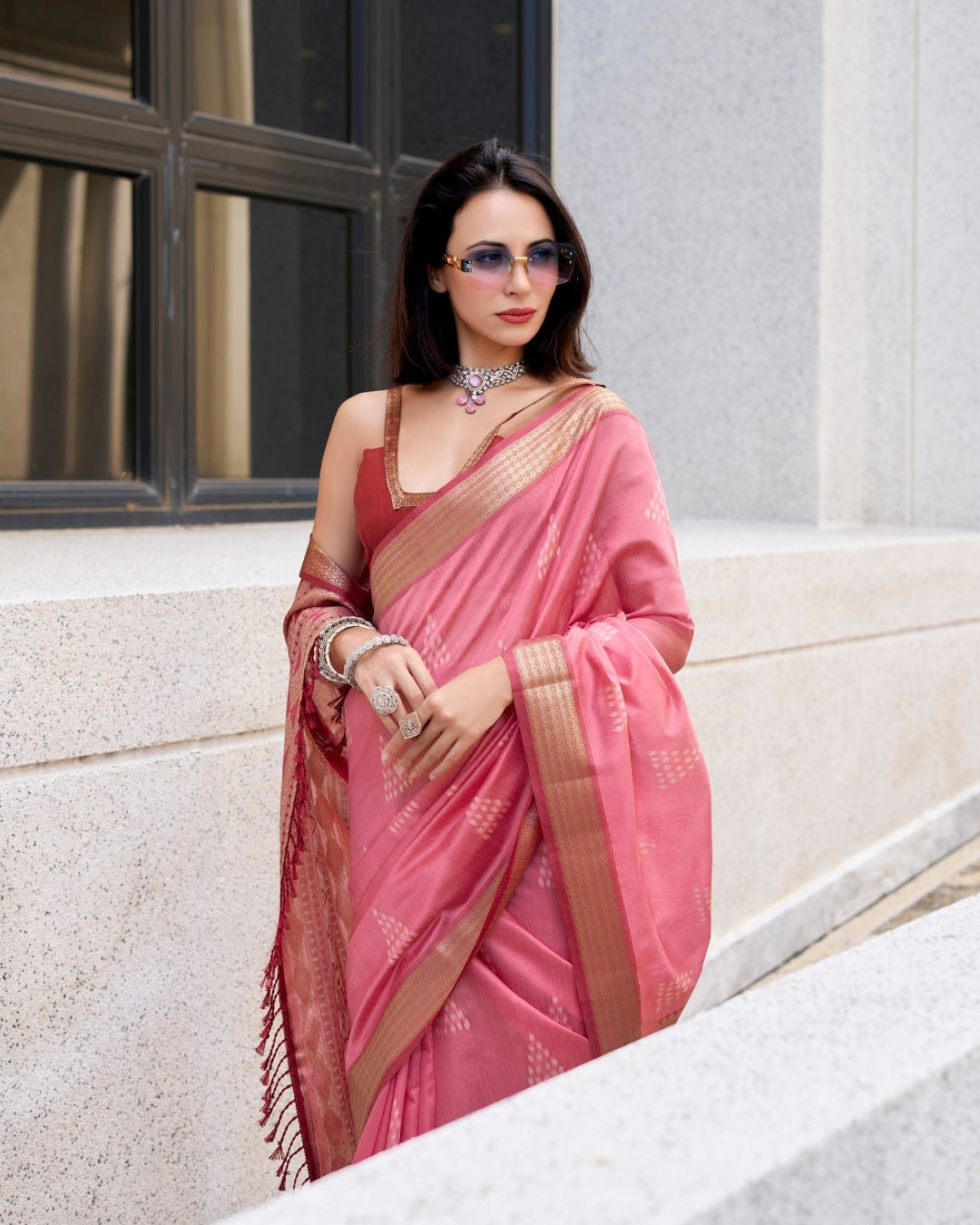 Peachy Pink Rayon Silk  Ikkat saree