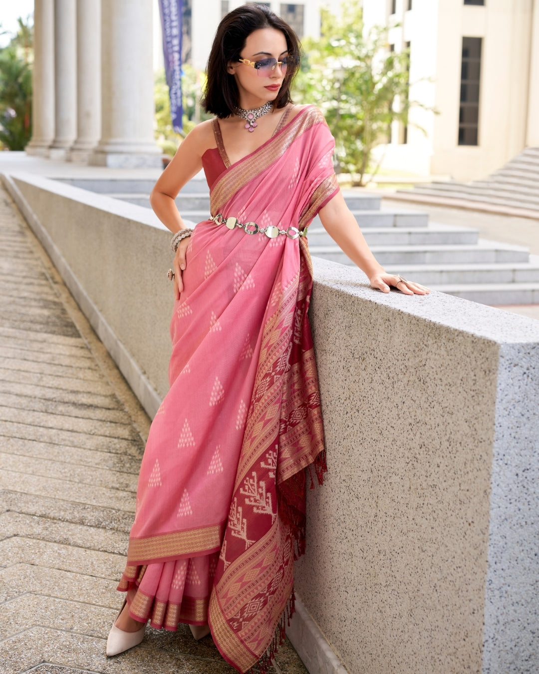 Peachy Pink Rayon Silk  Ikkat saree