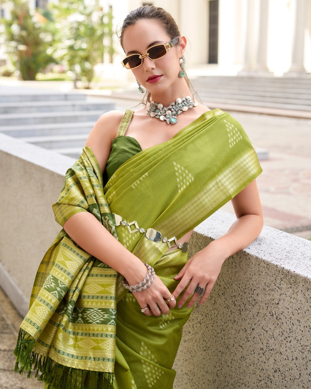 Light Green Rayon Silk  Ikkat saree
