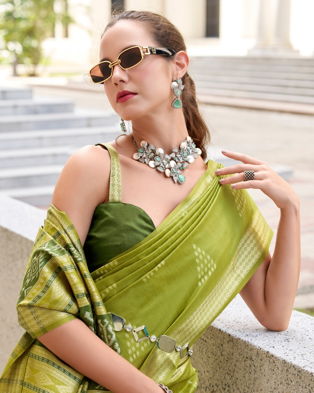 Light Green Rayon Silk  Ikkat saree