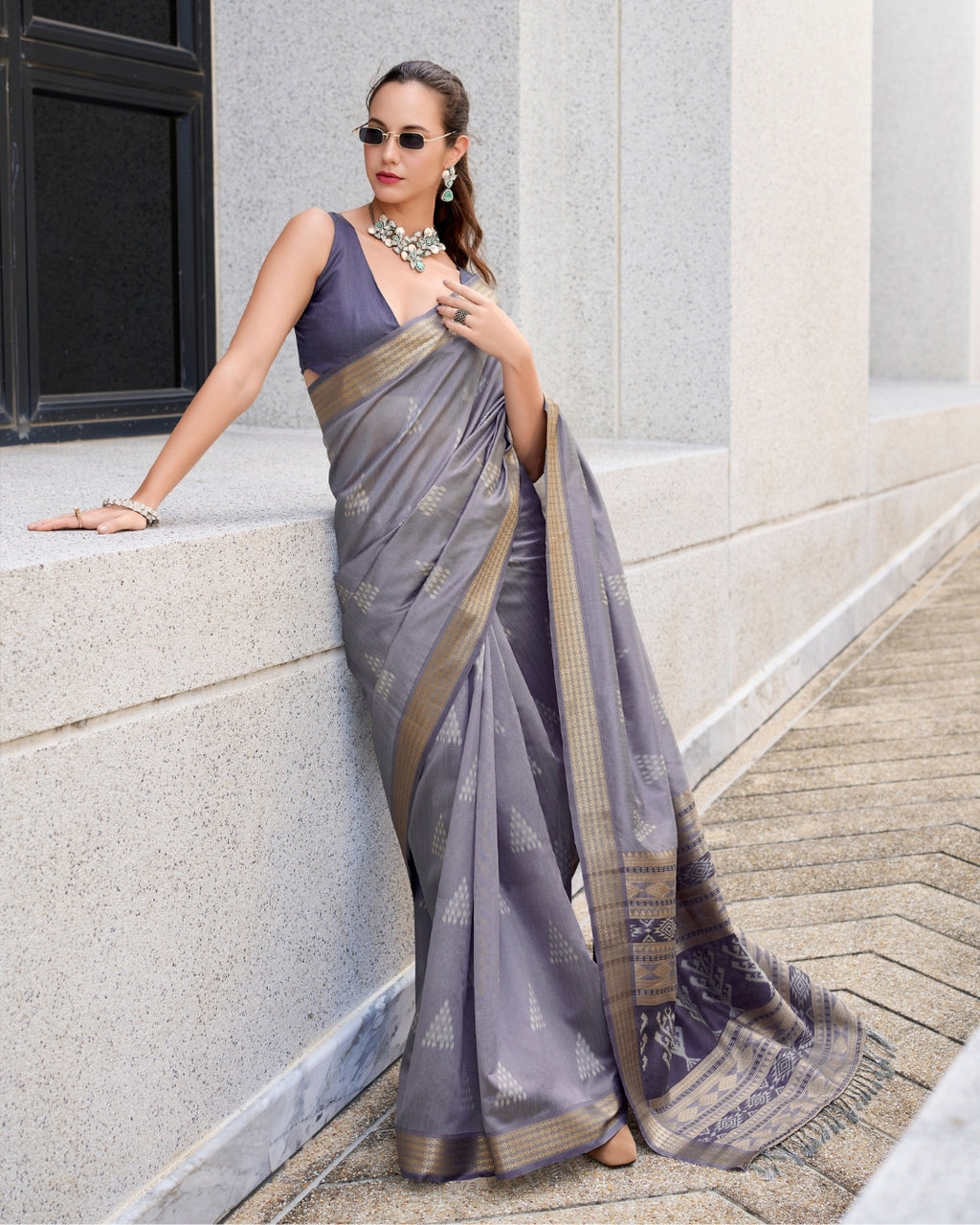 Grey Rayon Silk  Ikkat saree