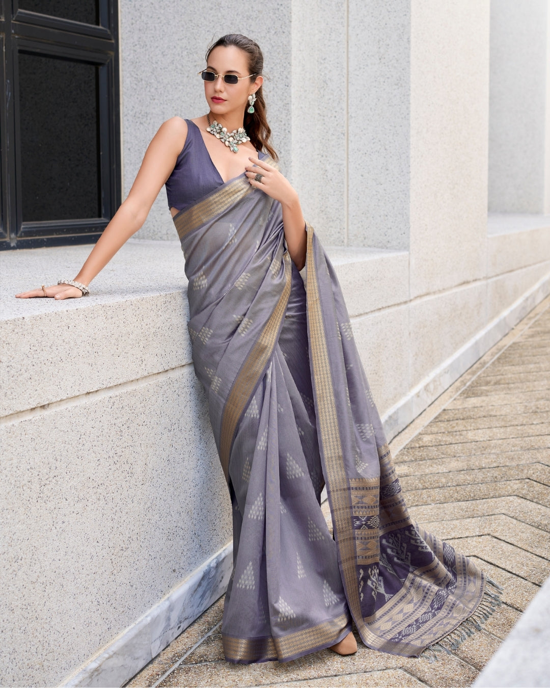 Grey Rayon Silk  Ikkat saree