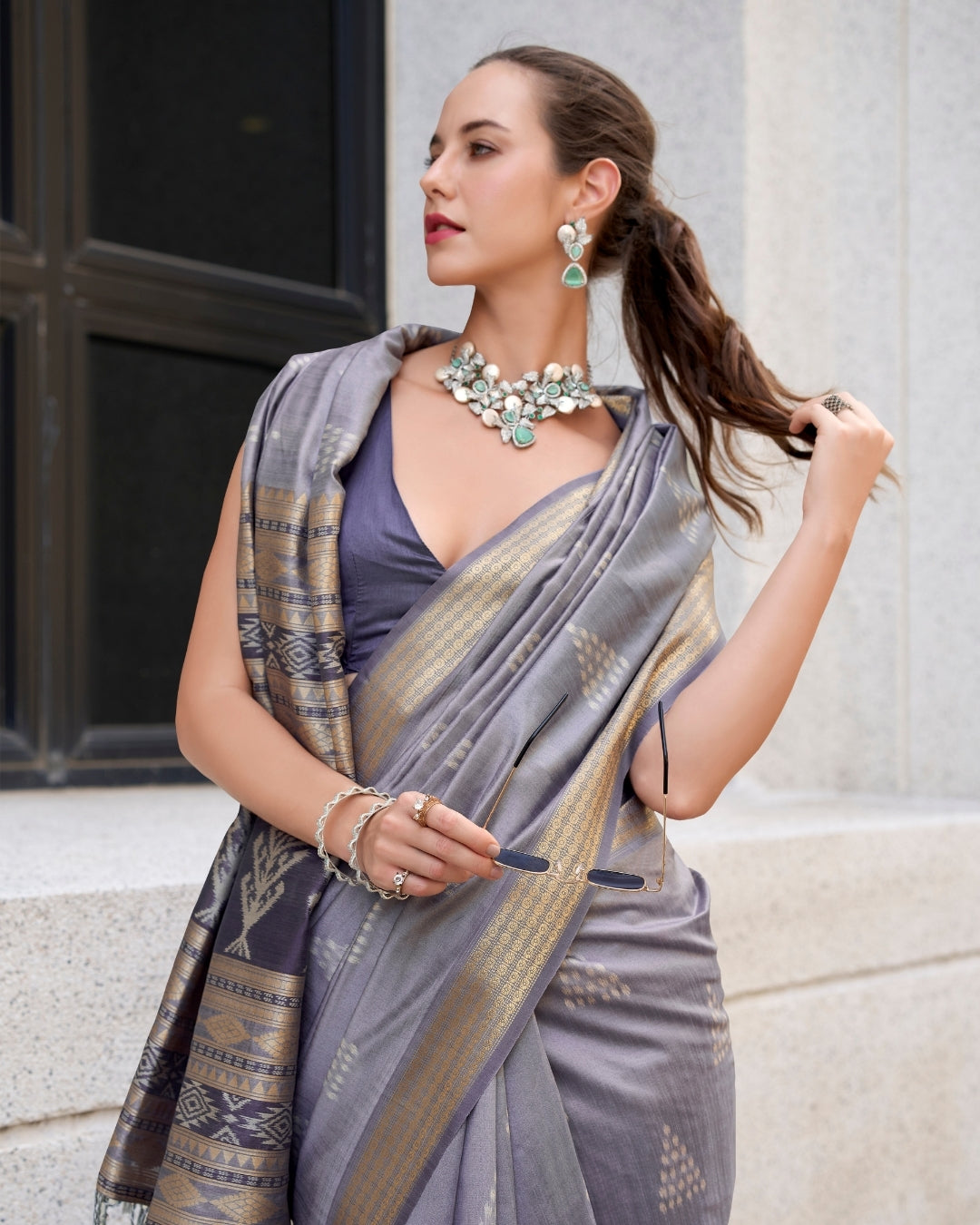 Grey Rayon Silk  Ikkat saree