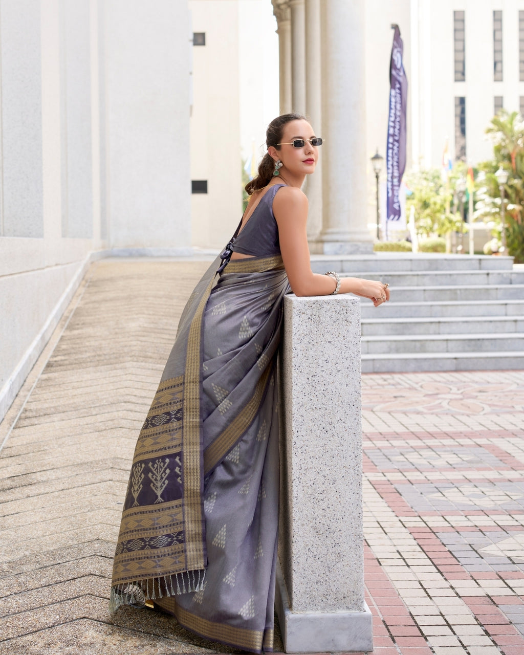 Grey Rayon Silk  Ikkat saree