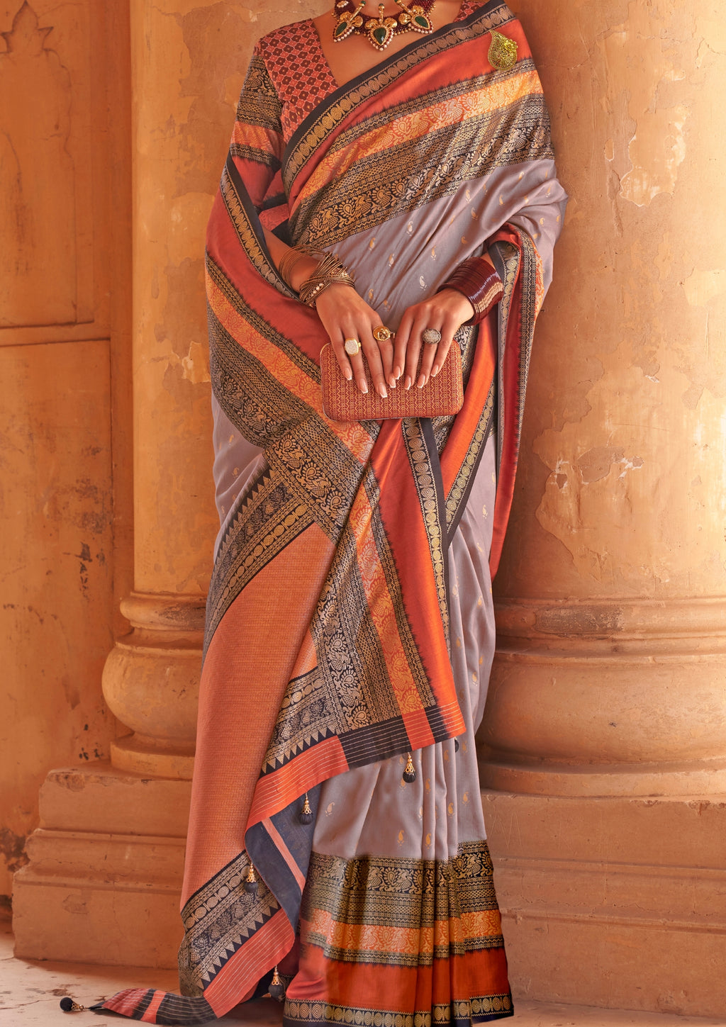 Light Grey Silk Saree With Patola Blouse