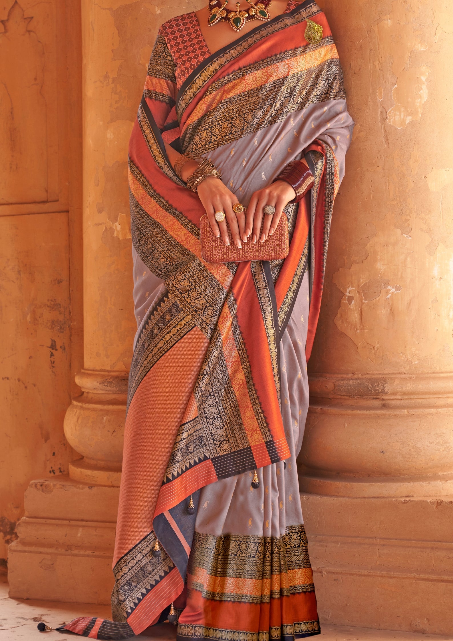 Light Grey Silk Saree With Patola Blouse