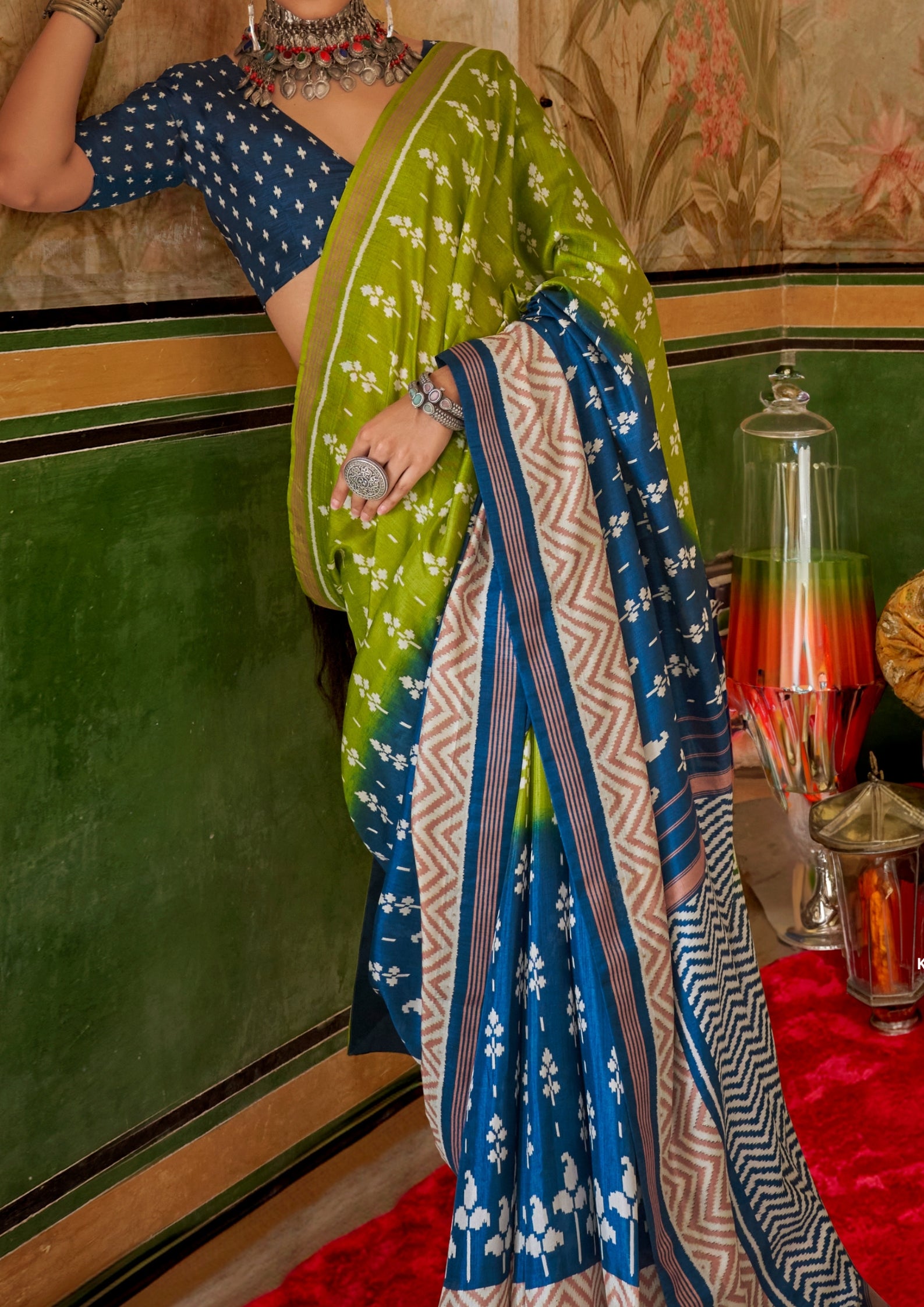 SAGE GREEN AND BLUE SILK TRADITIONAL CLASSIC DESIGN WITH AQUA FINISH