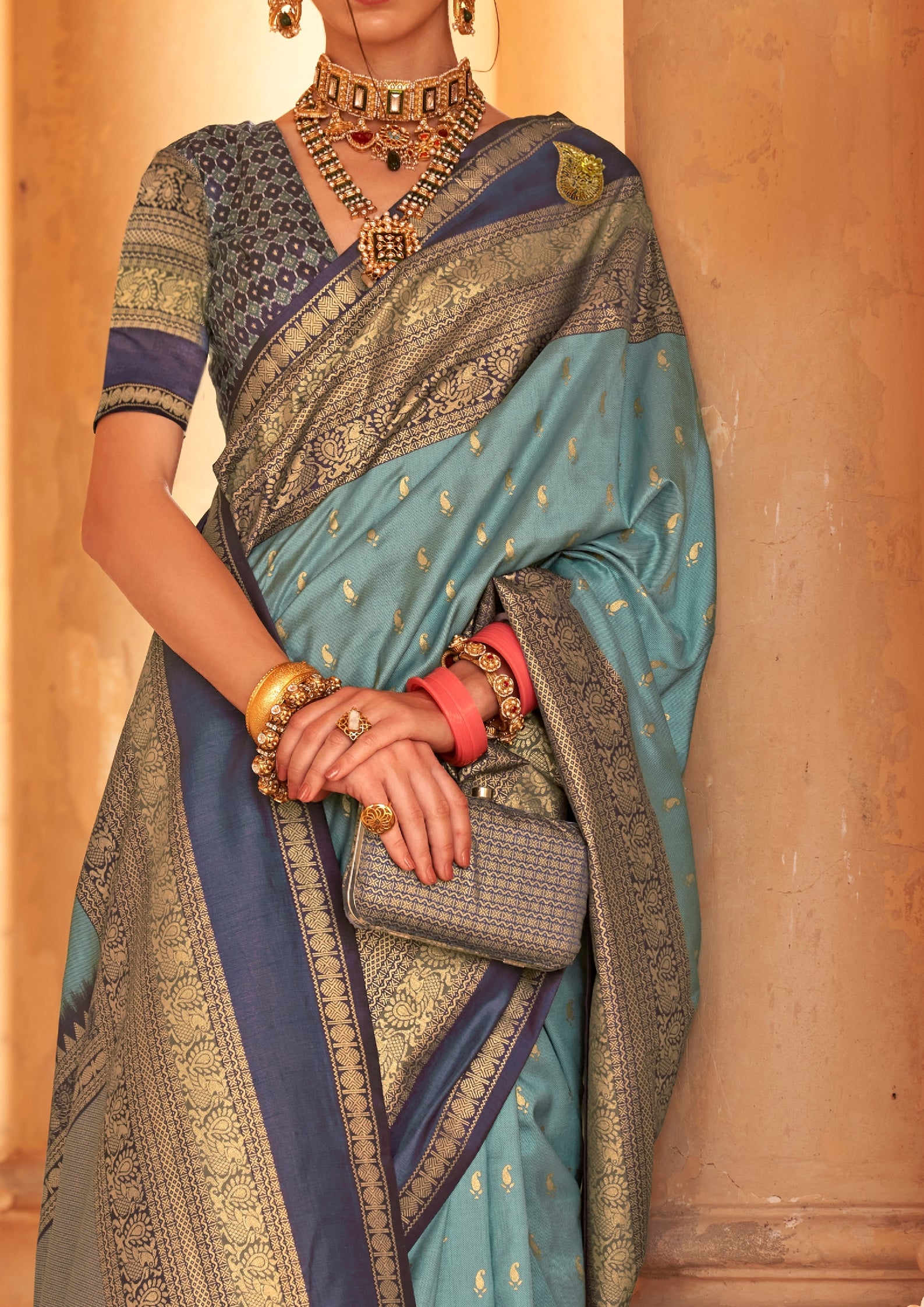 Blue Silk Saree With Patola Blouse