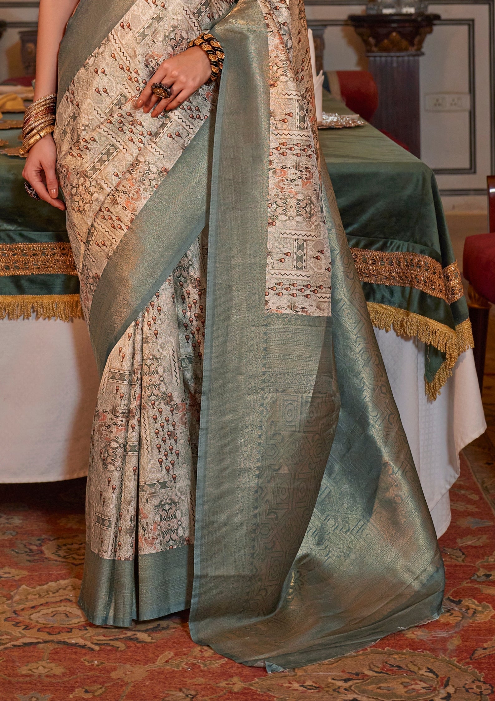 GREY TUSSER SILK WITH DIGITAL PRINTED ZARI BORDER SAREE