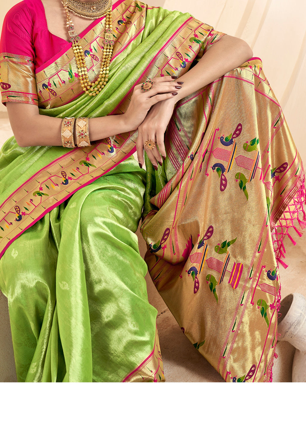 Pure Paithani Tissue Lime Green Silk With Zari Border