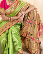Pure Paithani Tissue Lime Green Silk With Zari Border