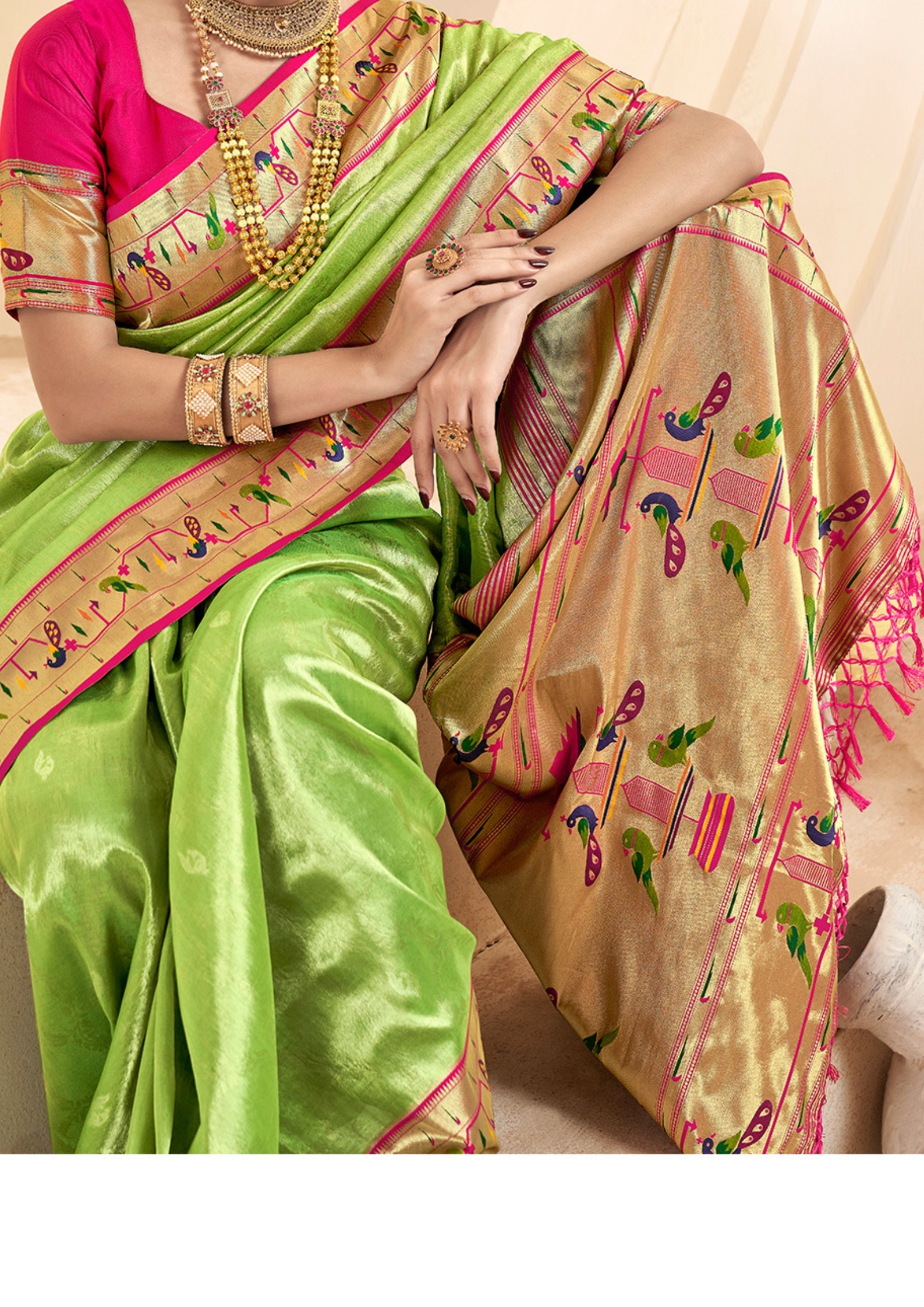 Pure Paithani Tissue Lime Green Silk With Zari Border