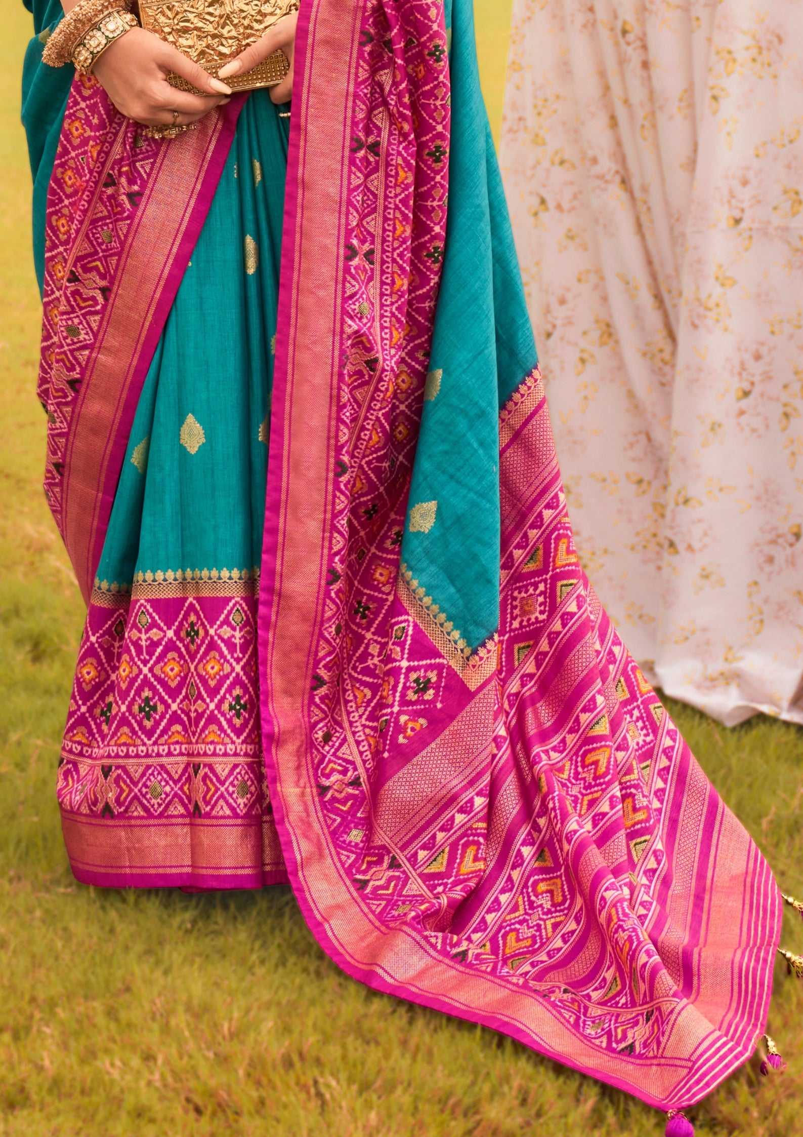 Turquise with Hot Pink Border Silk Saree with Aqua Finish