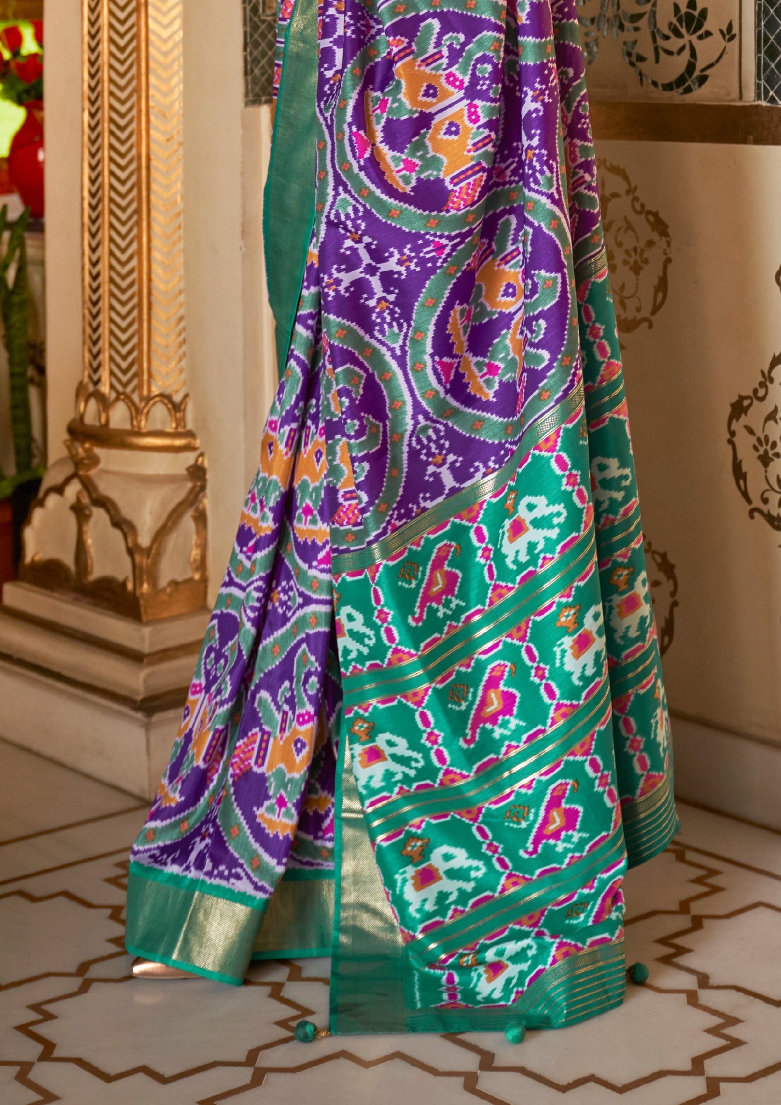 Purple Patola Saree With Teal Border