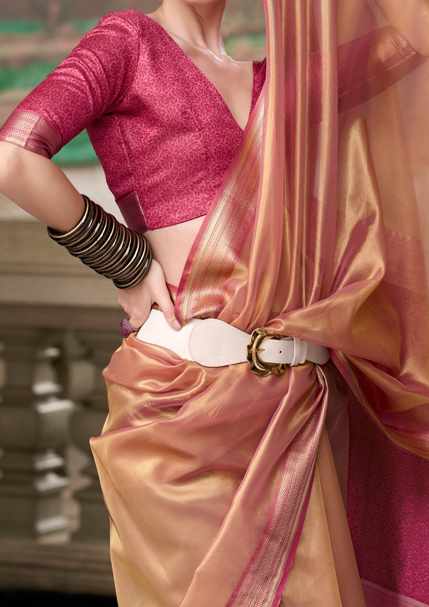Pure Tissue Rose Gold Saaree  With Designer Pallu and blouse
