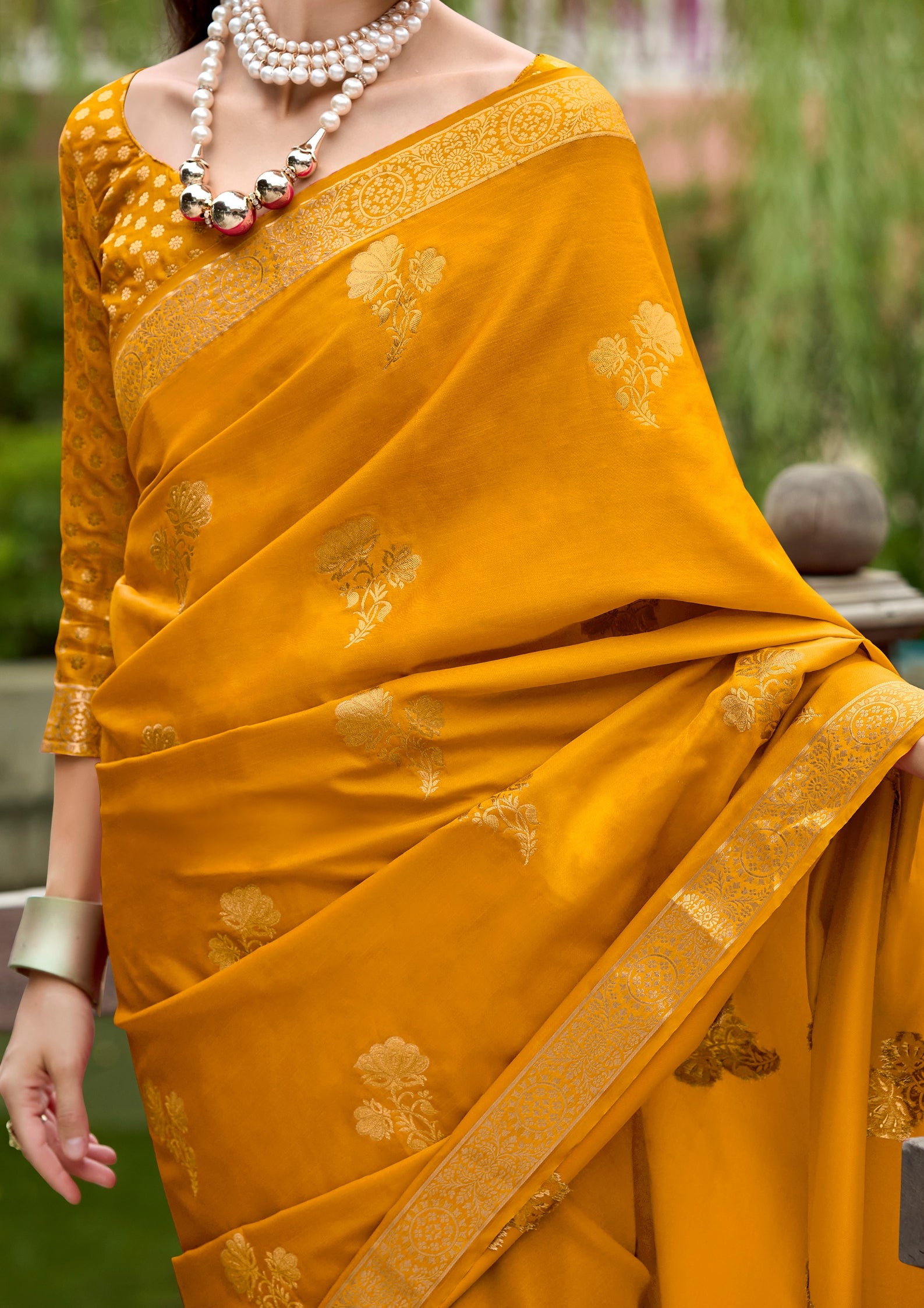 PURE SATTIN HANDWOVEN YELLOW WITH ZARI WEAVING