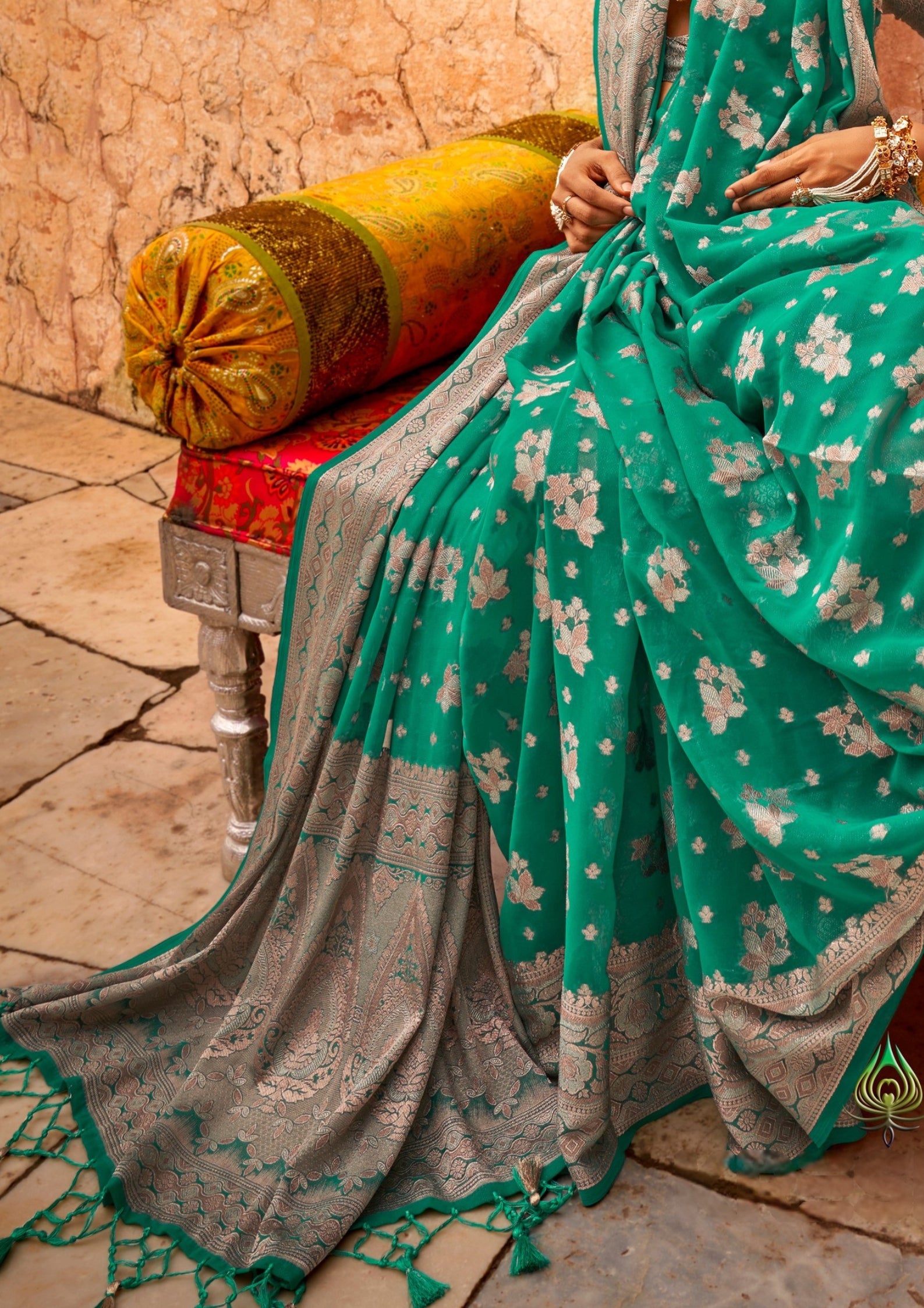 TEAL GEORGETTE  SAREE WITH WEAVING BUTA BORDER