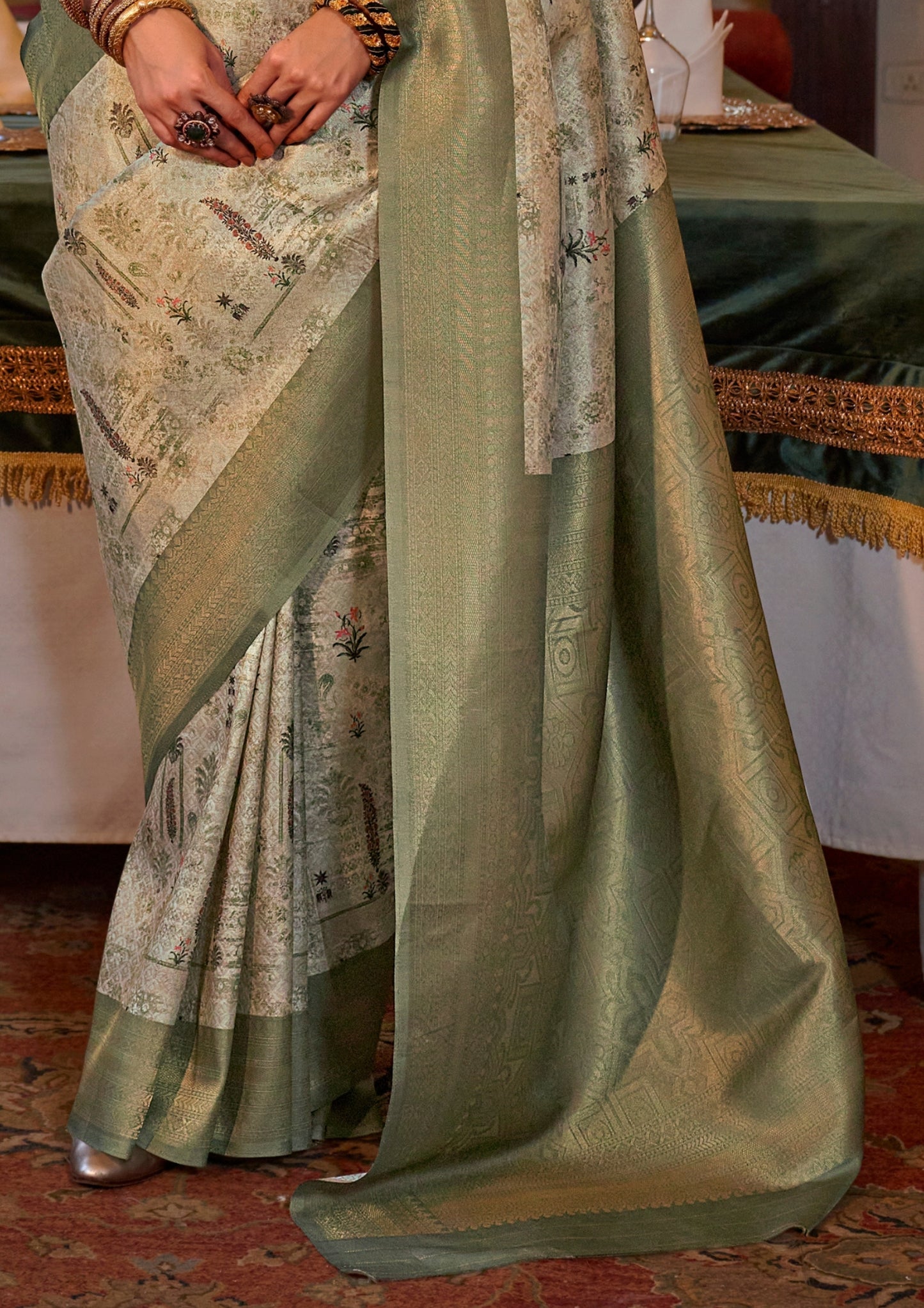 OLIVE GREEN TUSSER SILK WITH DIGITAL PRINTED ZARI BORDER SAREE