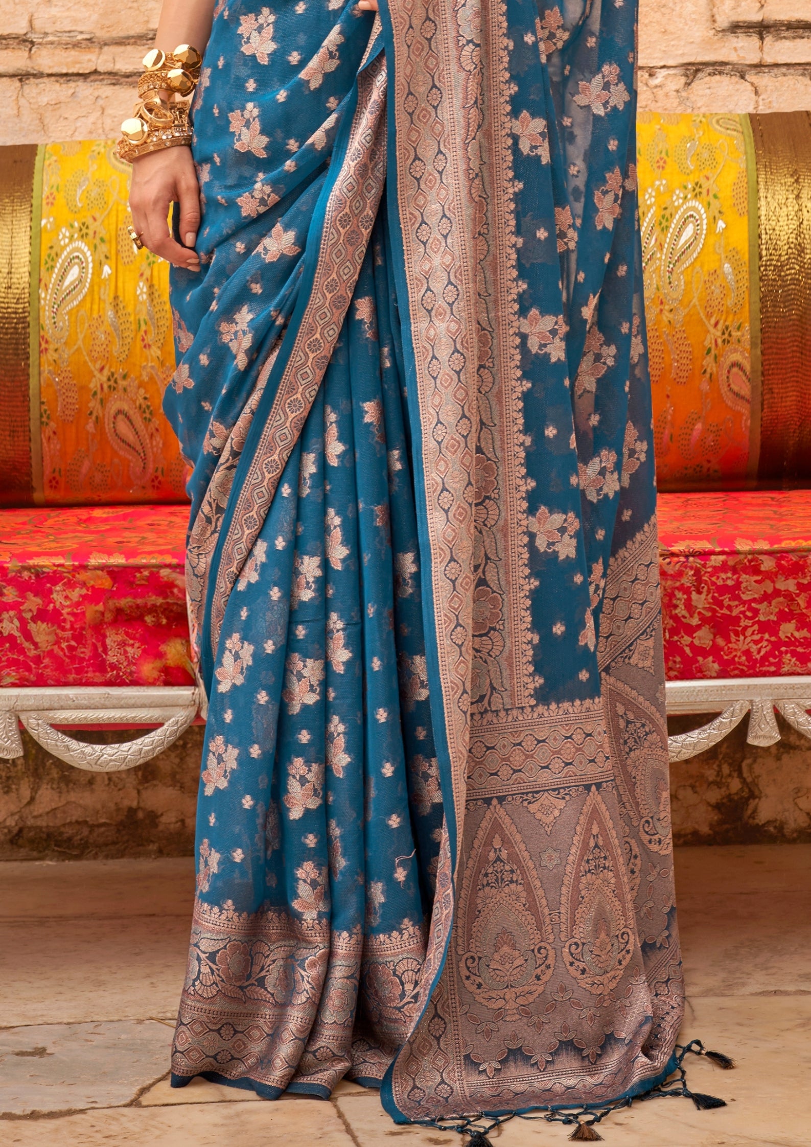 BLUE GEORGETTE SAREE WITH WEAVING BUTA BORDER