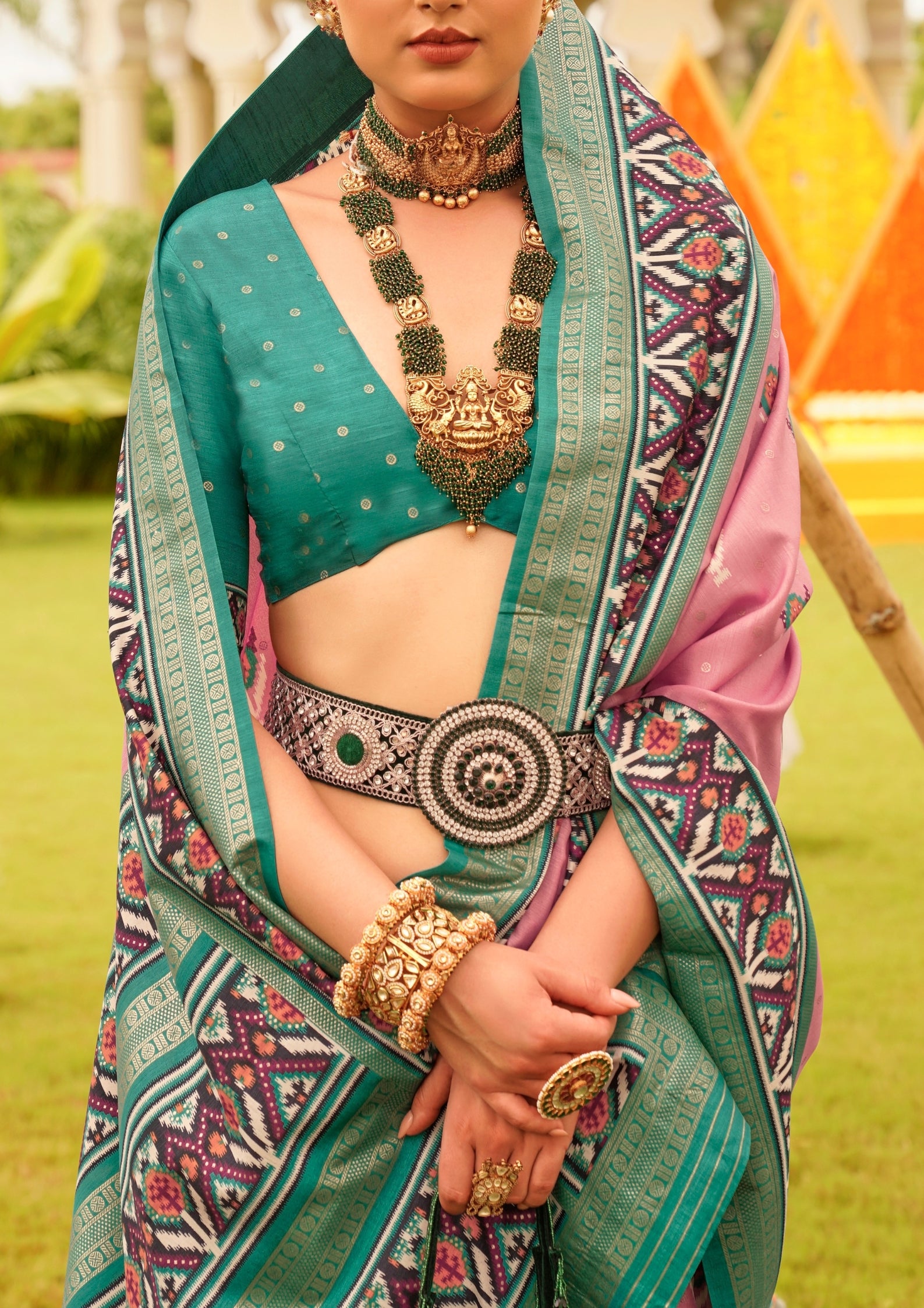 Pastel Pink with Cyan Border Silk with Aqua Finish
