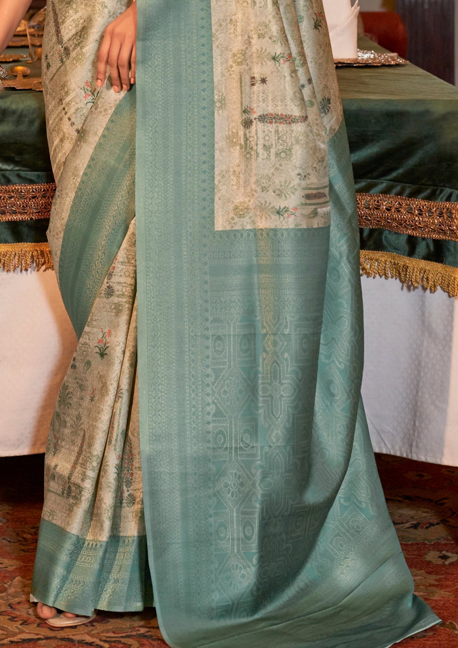 SEA GREEN TUSSER SILK WITH DIGITAL PRINTED ZARI BORDER SAREE