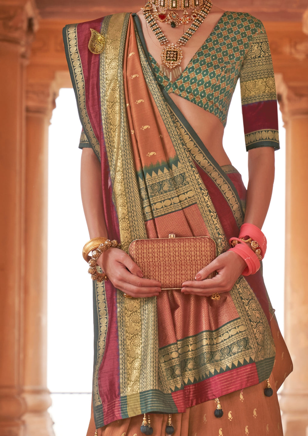 Coral Blush  Saree With Patola Blouse