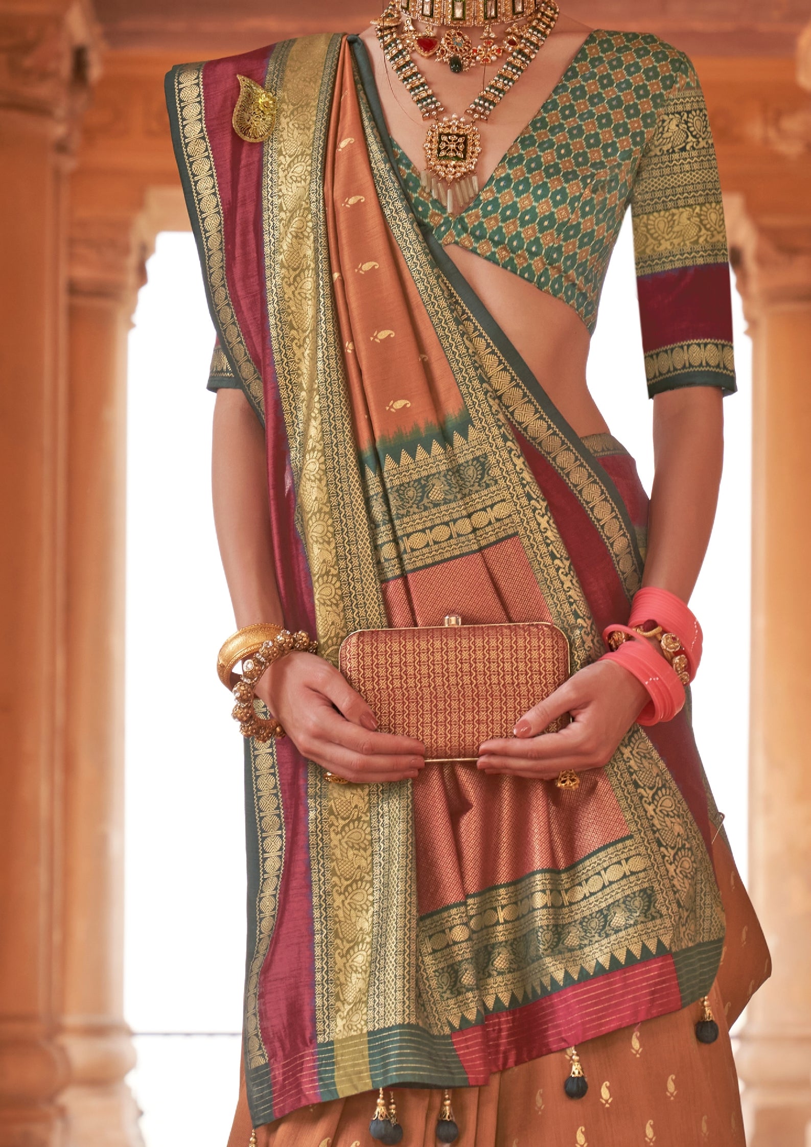 Coral Blush  Saree With Patola Blouse