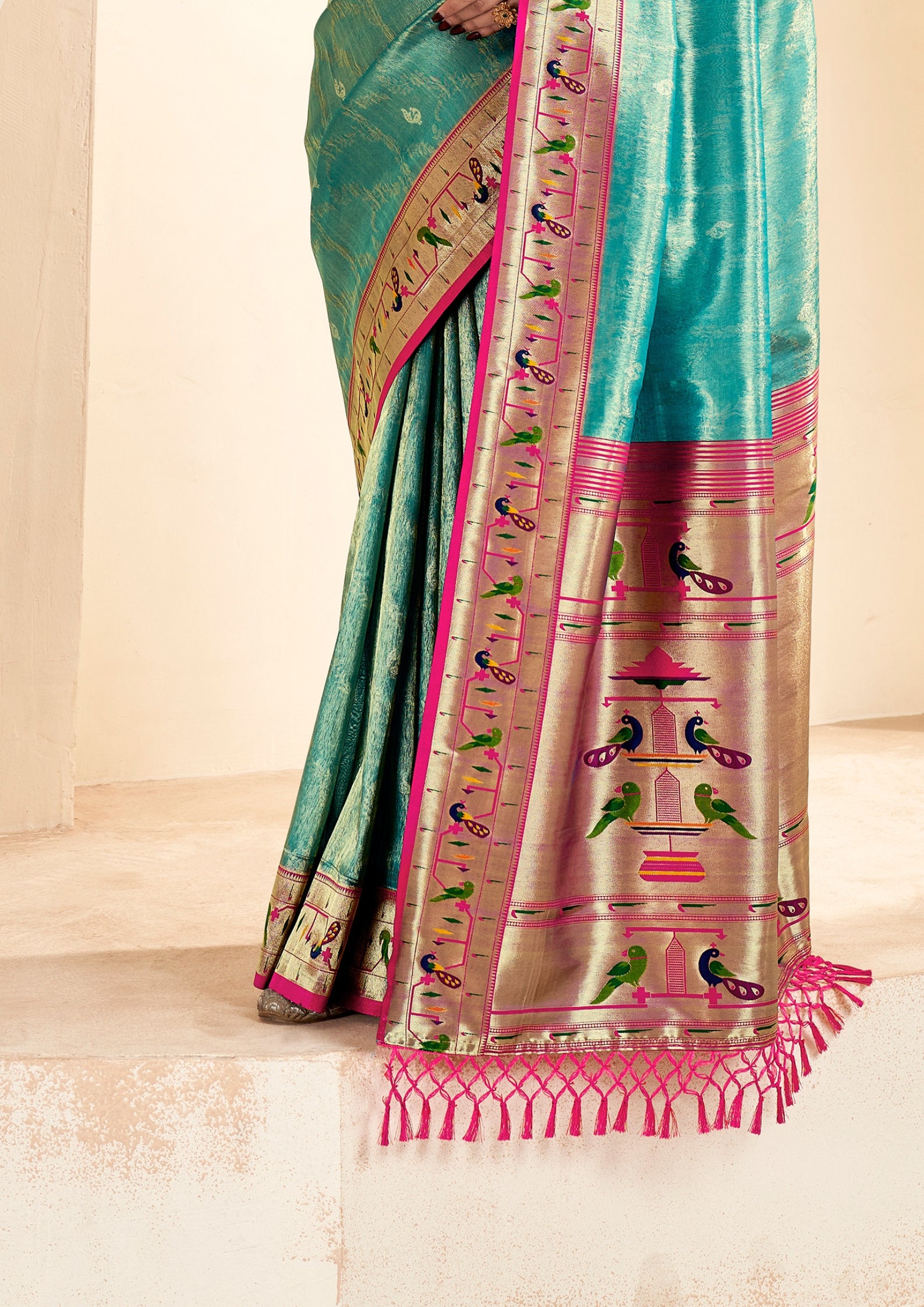 Pure Paithani Tissue Turquise  Silk With Zari Border