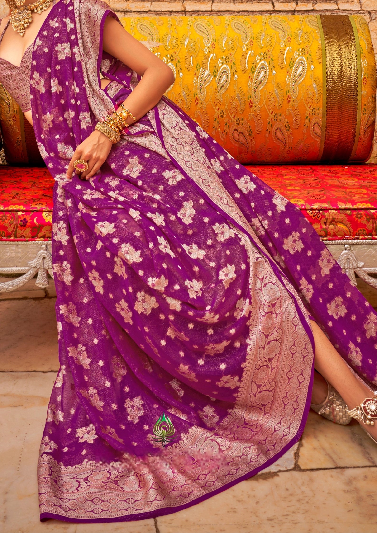 PURPLE GEORGETTE SAREE WITH WEAVING BUTA BORDER