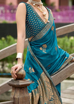 PURE SATTIN HANDWOVEN TEAL SAAREE WITH ZARI WEAVING