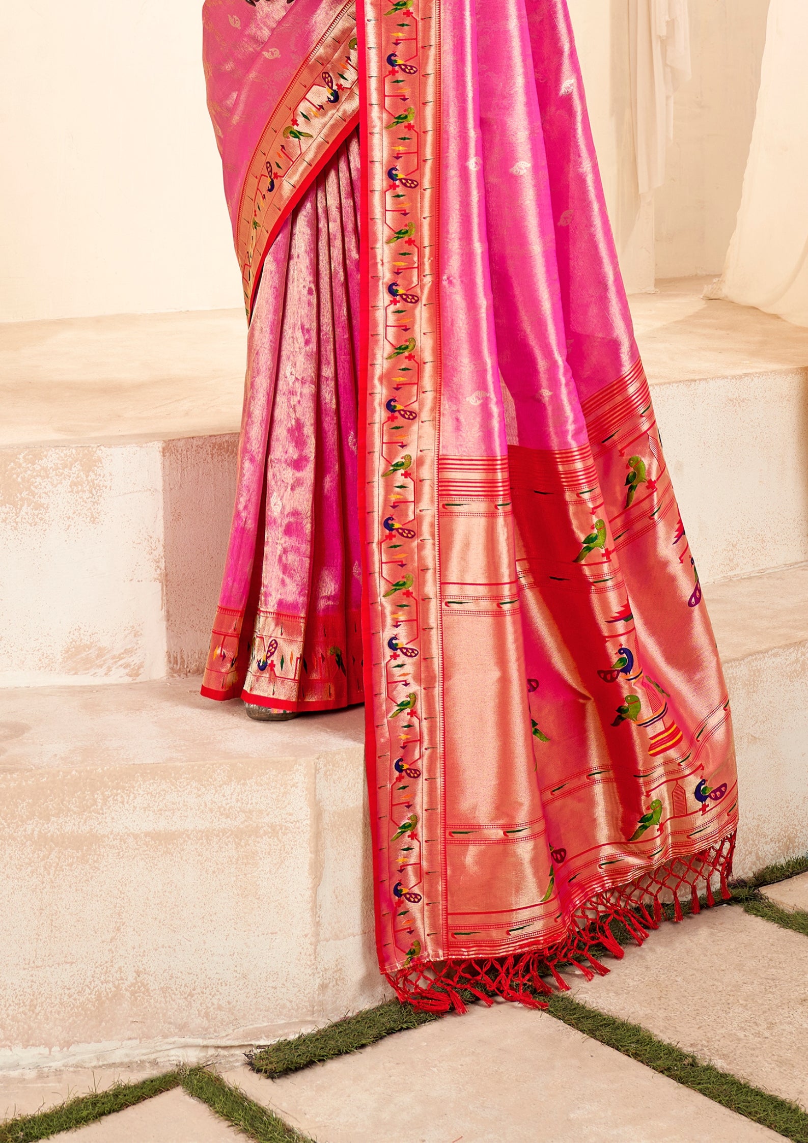 Pure Paithani Tissue Pink Silk With Zari Border